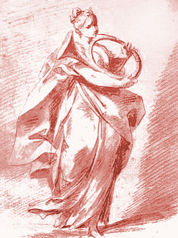 Weibliche Hornspielerin, Zeichnung von Vittorio Maria Bigari